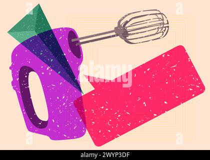 Risograph mixer with speech bubble with geometric shapes. Objects in trendy riso graph print texture style design with geometry elements. Stock Vector