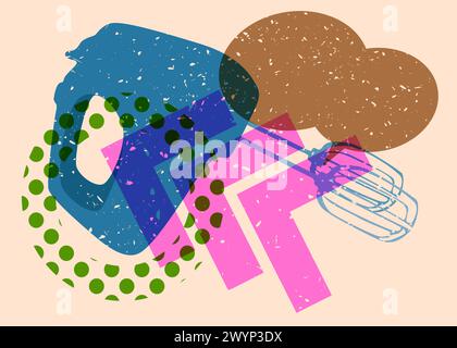 Risograph mixer with speech bubble with geometric shapes. Objects in trendy riso graph print texture style design with geometry elements. Stock Vector