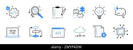 Software code icon doodle set. Hand drawn line sketch software coding doodle. Computer program build technology, data operate, application product test icon. Program build vector illustration Stock Vector