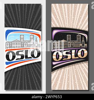 Vector vertical layouts for Oslo, decorative leaflet with outline illustration of european oslo city scape on day and dusk sky background, art design Stock Vector