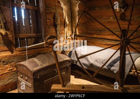 Interior view of the 1829 historic cabin of Sequoyah, the Cherokee scholar who invented the Cherokee language alphabet, in Sallisaw, Oklahoma. (USA) Stock Photo