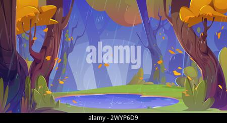 Forest landscape with thunderstorm. Autumn scene with lake, path and ...