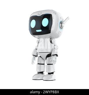 3d rendering cute and small artificial intelligence personal assistant robot with cartoon character look up isolated on white Stock Photo