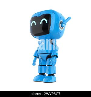 3d rendering cute and small artificial intelligence personal assistant robot with cartoon character look up isolated on white Stock Photo