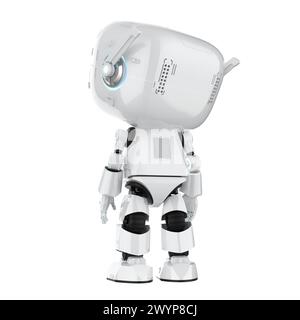 3d rendering cute and small artificial intelligence personal assistant robot with cartoon character look up isolated on white Stock Photo