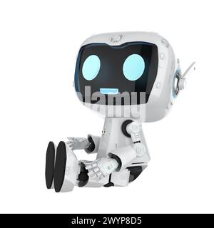 3d rendering cute and small artificial intelligence personal assistant robot with cartoon character look up isolated on white Stock Photo