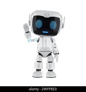 3d rendering cute and small artificial intelligence personal assistant robot with cartoon character hand up isolated on white Stock Photo