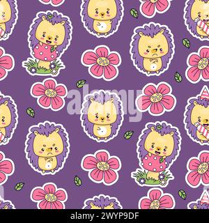 Seamless pattern with funny hedgehog with mushroom fly agaric and flowers on purple background. Cute kawaii animal character. Vector illustration Stock Vector