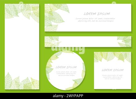 Set of Vector Greeting Card Illustrations With Leaf Vein Decoration Pattern And Text Space Isolated On A Green Background. Stock Vector
