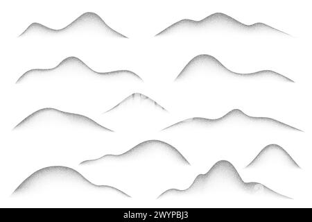 Noisy grainy mountains with gradient stipple sand effect isolated on white background. Dotted black abstract vector texture. Wavy grunge spray Stock Vector
