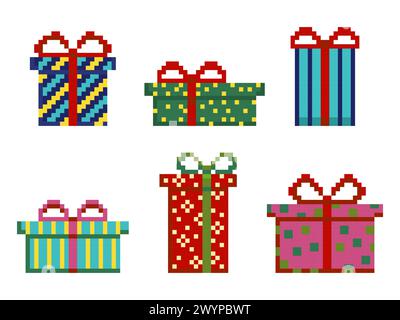 Pixel Art Christmas Wrapped Gift Boxes Set Stock Vector