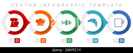 Cooking flat design infographic template, miscellaneous symbols such as mixer, chef hat, fish, cake and cup, vector icons collection Stock Vector
