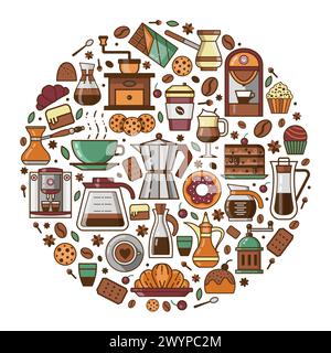 Coffee and Pastry Icons Print Stylized in Circle Stock Vector