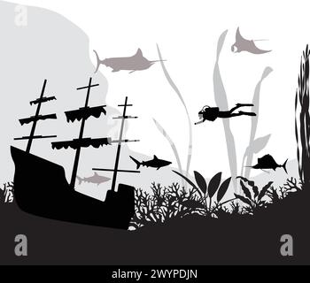 Silhouette of ship on the bottom of sea Stock Vector
