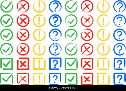 Dirty grunge cross x, tick OK, exclamation and question check marks in check boxes. Stock Vector
