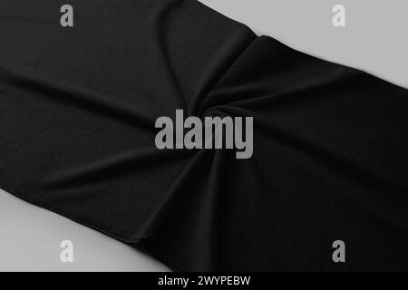 Mockup of a twisted black terry towel for advertising, branding, product presentation. Fluffy towelling template, isolated on background. Cotton fabri Stock Photo