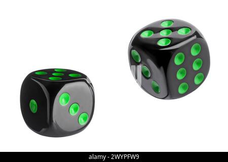 Two black dice in air on white background Stock Photo