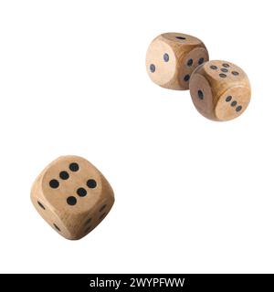 Three wooden dice in air on white background Stock Photo