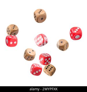 Many different dice in air on white background Stock Photo