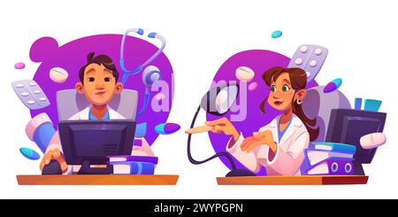 Doctor at work desk with computer. Cartoon vector illustration set of man and woman medical professional character in white clothes sitting at table with pc screen and documents in clinic office. Stock Vector