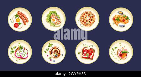 Set of ready made dishes on white plates. Healthy food for printing in cafe and restaurant menus on a dark background. Italian food, dessert dishes for lunch, breakfast and dinner. Isolated Vector illustration. Stock Vector