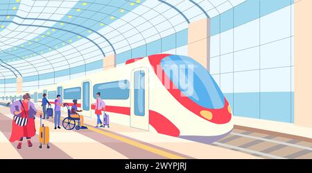 Train Station. An electric train on a platform with passengers. Inclusion human. Fat fashionable woman with a suitcase. Meeting and waiting people with luggage. Vector poster Stock Vector