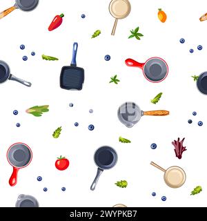 Seamless pattern with frying pans on a white background for printing in cafe and restaurant menus. Bright dishes for roasting and stewing food with spices and lettuce. Realistic vector illustration for packaging. Stock Vector