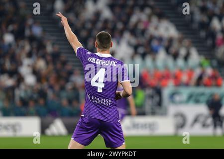 Nikola Milenkovic of ACF Fiorentina during the match between Juventus FC and AC Fiorentina on April 07 2024 at Allianz Stadium in Turin, Italy. Stock Photo