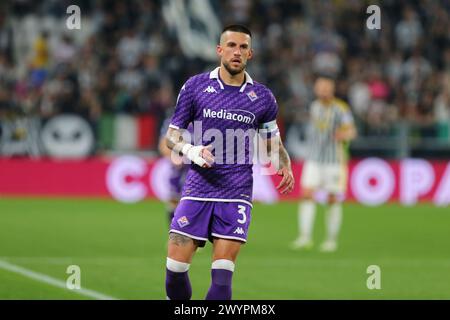 Cristiano Biraghi of ACF Fiorentina during the match between Juventus FC and AC Fiorentina on April 07 2024 at Allianz Stadium in Turin, Italy. Stock Photo