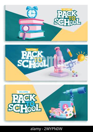Back to school text vector banner set. Welcome back to school greeting with educational 3d telescope, lamp, books learning icons and items decoration Stock Vector
