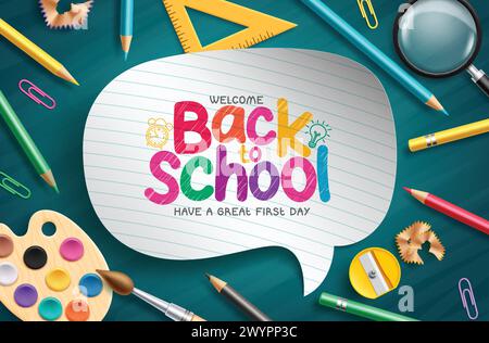 Back to school text vector template. Welcome back to school greeting in paper speech bubble space for typography with color pencil, water color Stock Vector