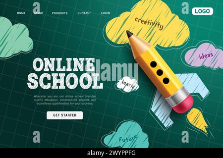 Online school vector template design. Back to school online tutorials and courses website home page for distance education and e learning application Stock Vector