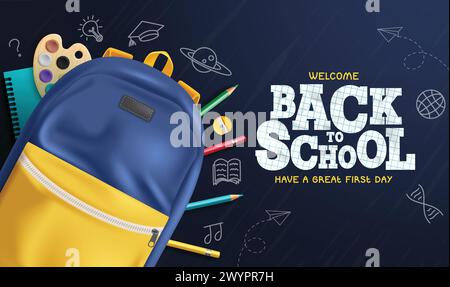 Back to school text vector design. Welcome back to school greeting with student backpack, color pencil and notebook educational supplies elements Stock Vector