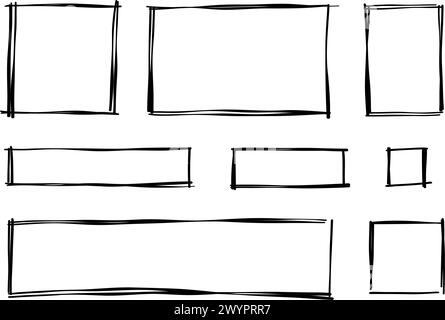 Rectangle frame line on transparent background. The rectangles are drawn by hand in doodle style. Vector illustration isolated Stock Vector