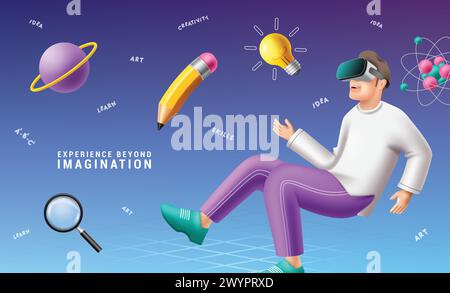School man character vector design. Back to school futuristic modern learning device promotion with man character wearing vr glasses for virtual Stock Vector