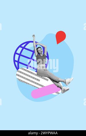 3D photo collage trend artwork composite sketch of black white silhouette carefree lady sit on scrapbook elements global internet point Stock Photo