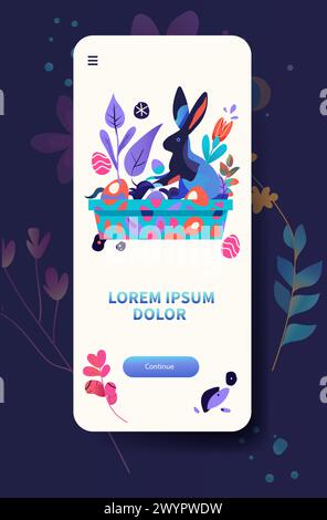 Happy Easter greeting card with rabbit and eggs spring holiday celebration card vertical copy space Stock Vector