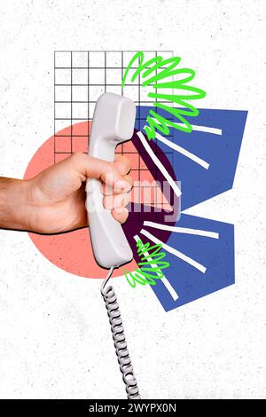Vertical photo collage of hands hold telephone handset call communication wire noise scribble helpline isolated on painted background Stock Photo
