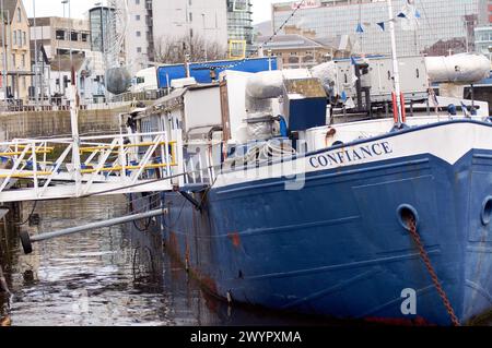 Belfast, United Kingdom 8 04 2024 MV Confiance barge following fire damage at Lanyon Quay which hosts art and other events that occurred on Thursday 4th April Belfast Northern Ireland Credit: HeadlineX/Alamy Live News Stock Photo