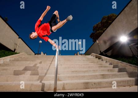 Practicing parkour, Salt Lake City, Utah. Stock Photo