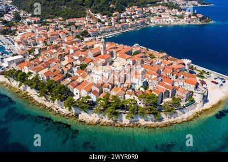 Korcula, Croatia: Aerial drone view of the famous Korcula old town with medieval church and fortifications Stock Photo