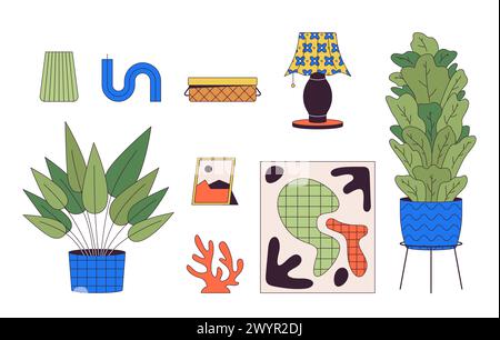 Domestic atmosphere essentials 2D linear cartoon objects set Stock Vector
