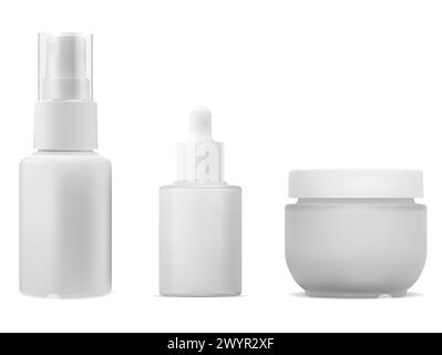 Cosmetic product bottle set mockup. Serum dropper, cream jar, small spray package. Essential oil container. Airless spray bottle for face essence. Blu Stock Vector