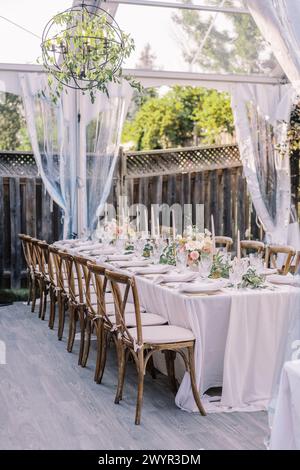 Elegant outdoor wedding table setup Stock Photo