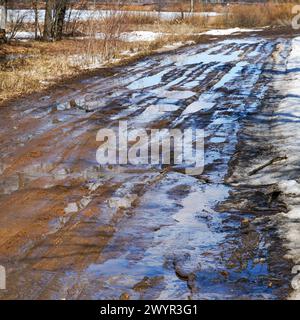 A muddy spring country road with puddles and melting snow. Selective focus Stock Photo