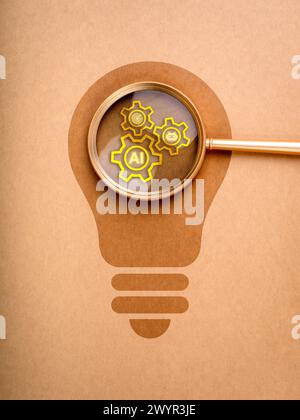 Business solution strategy with Artificial intelligence innovative technology concept. Gear symbols with AI, bot and target icons in magnifying glass Stock Photo