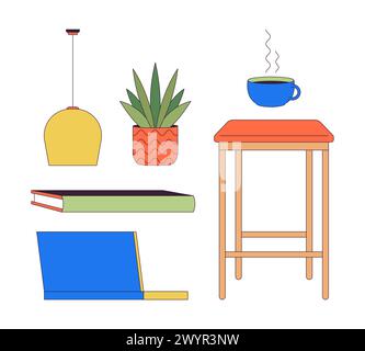 Home workplace interior details 2D linear cartoon objects set Stock Vector