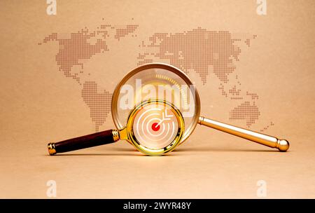 Global trends target insights, searching with internet connection technology, success business worldwide online marketing concept. Target icon in magn Stock Photo
