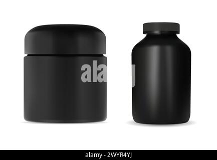 Protein jar vector blank. Supplement vitamin container design. Black plastic can template mockup, realistic cylinder muscle gainer packaging sample il Stock Vector