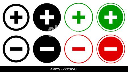 Round plus sign & minus sign icons set. Positive & negative symbols vector. Stock Vector